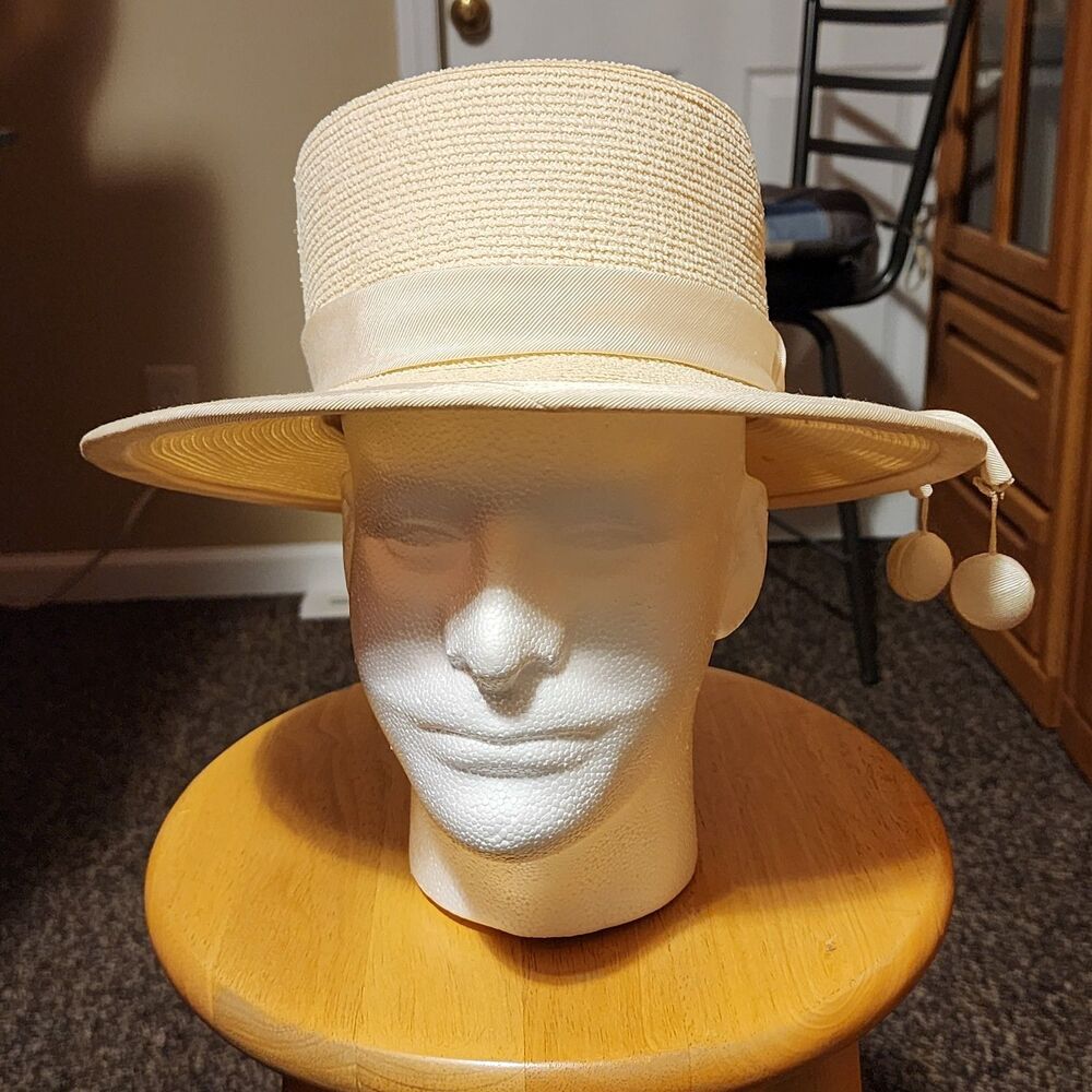 Vintage Christine Original New York Straw Boater Sun Hat Cream W/ Charmed Brim